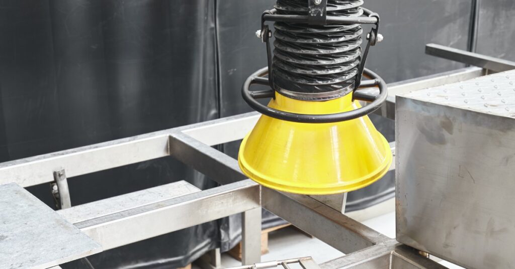 A welding fume extractor tube hangs over a metal table, which has a metal rack and a metal box on top of it.