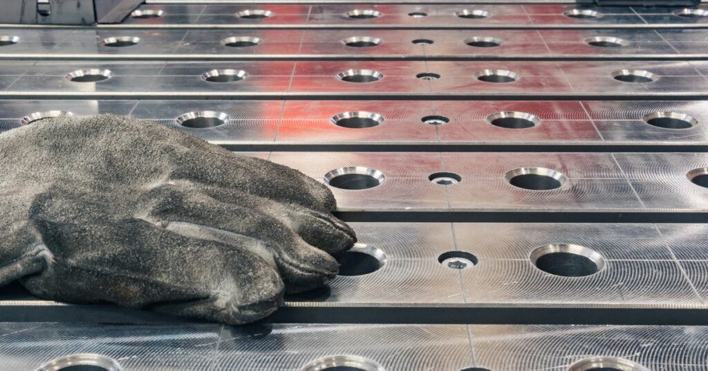 Close-up of a silver welding table that features various holes in it. A dirty work glove sits atop it.
