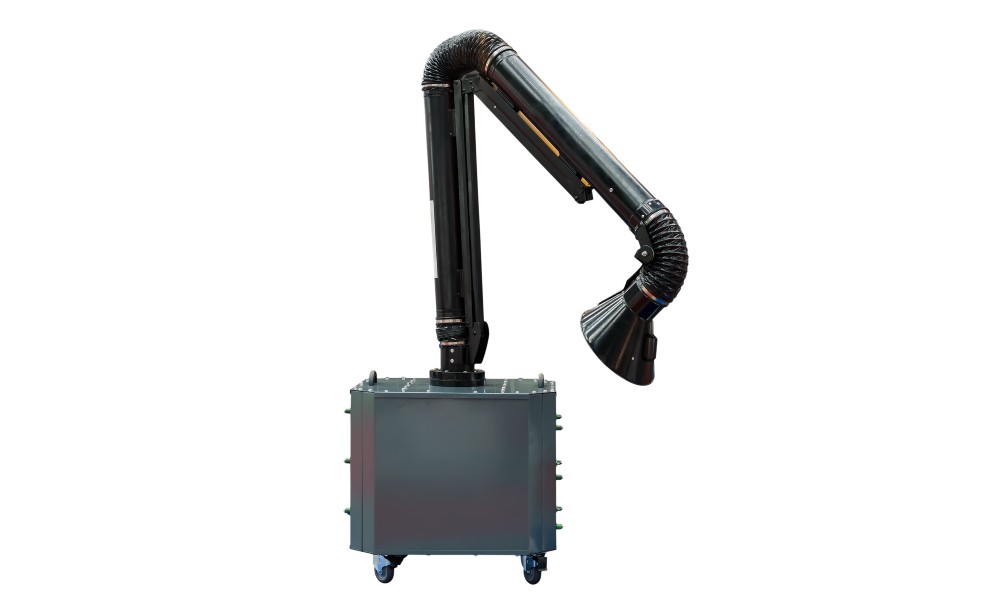 A welding fume extractor stands against a white background. It features wheels on the bottom and a tube curved downward.