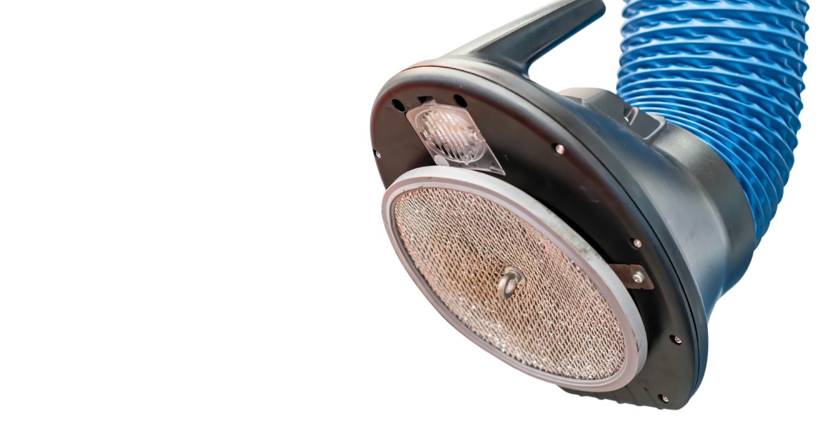 Close-up of an industrial tube hood against a white background. It has blue tubing and a filter on the end.